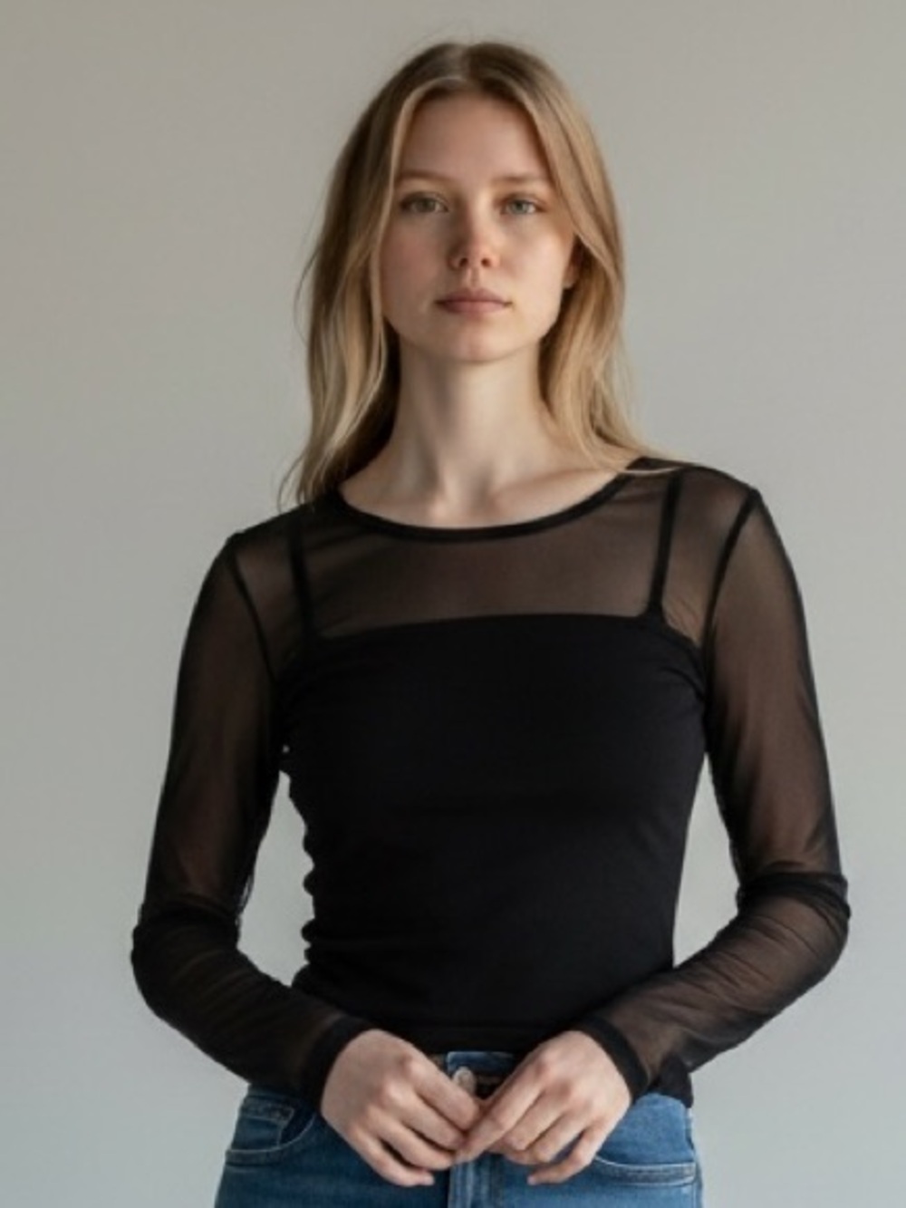 Emporio Armani Black Mesh Top & Blue Straight-Leg Jeans